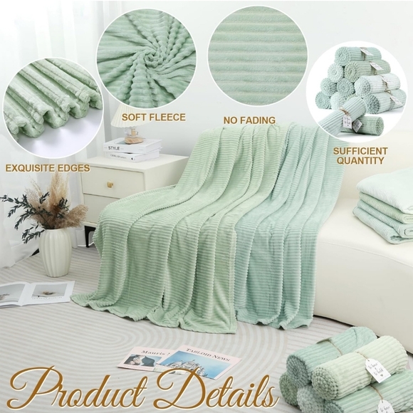 12 Pcs Sage Green Wedding Flannel Ribbed Soft Throw Blanket Bulk 50 x 60 Inch - Picture 4 of 7